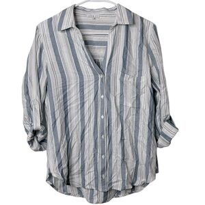 Lila Li Women’s Small Catena White Striped Henley Roll-Tab Sleeve‎ Casual Blouse